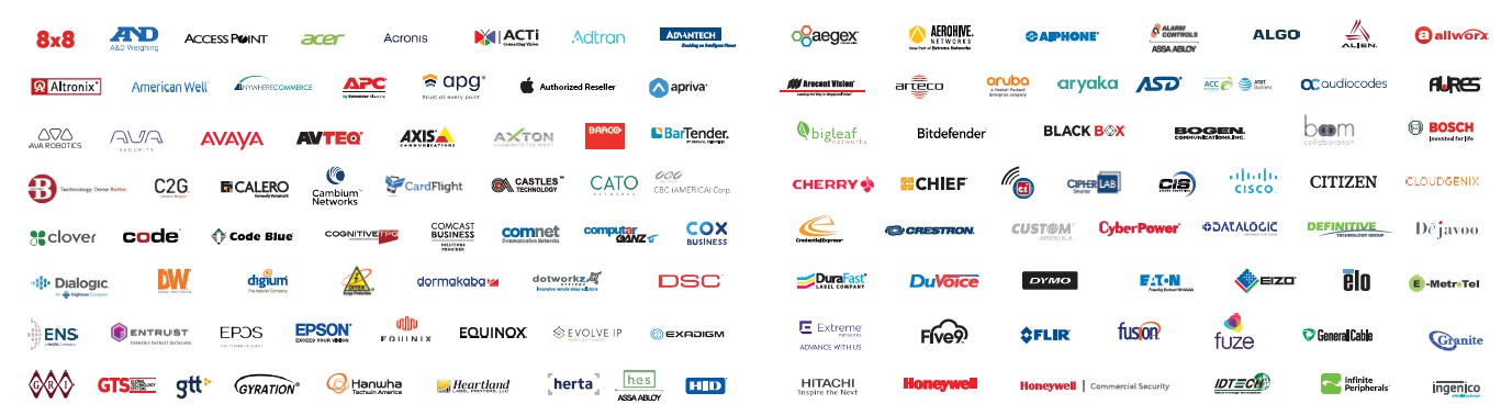 Telcom Express manufacturer line card — featuring 8x8, A&D, Acer, Acronis, Adtran, Avaya, Cisco, Bosch, and many more brands