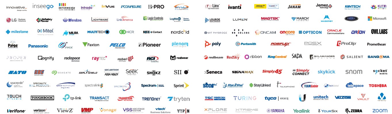 Telcom Express manufacturer line card — featuring Microsoft, Panasonic, Poly, RingCentral, Yamaha, Yealink, Zoom, and many more brands