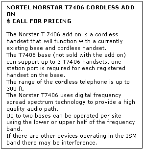 Text Box: NORTEL NORSTAR T7406 CORDLESS ADD ON
$ CALL FOR PRICING

The Norstar T 7406 add on is a cordless handset that will function with a currently existing base and cordless handset. 
The T7406 base (not sold with the add on) can support up to 3 T7406 handsets, one station port is required for each registered handset on the base. 
The range of the cordless telephone is up to 300 ft. 
The Norstar T7406 uses digital frequency spread spectrum technology to provide a high quality audio path. 
Up to two bases can be operated per site using the lower or upper half of the frequency band. 
If there are other devices operating in the ISM band there may be interference.
